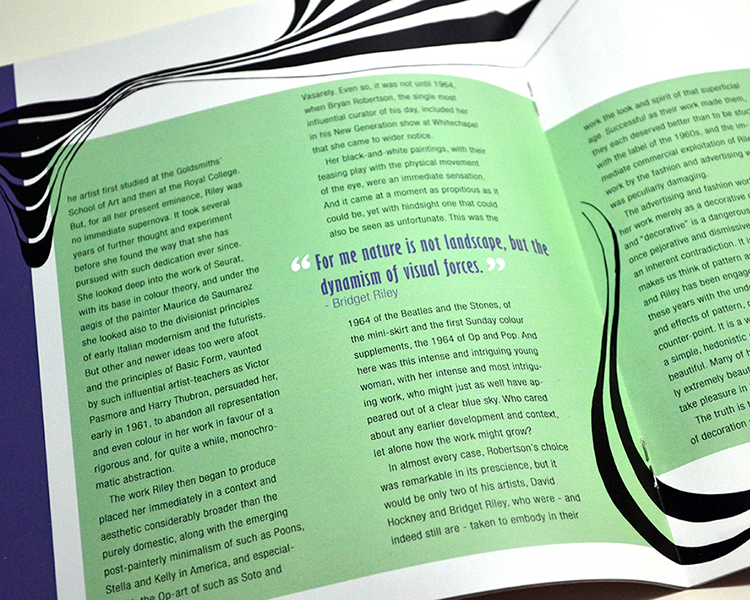 OPen page of an article with optical illusion styled art wrapping around the paragraphs. The background of the article is in green and there is a quote in purple reading 'for me nature is not landscape, but the dynamism of visual forces -bridget riley