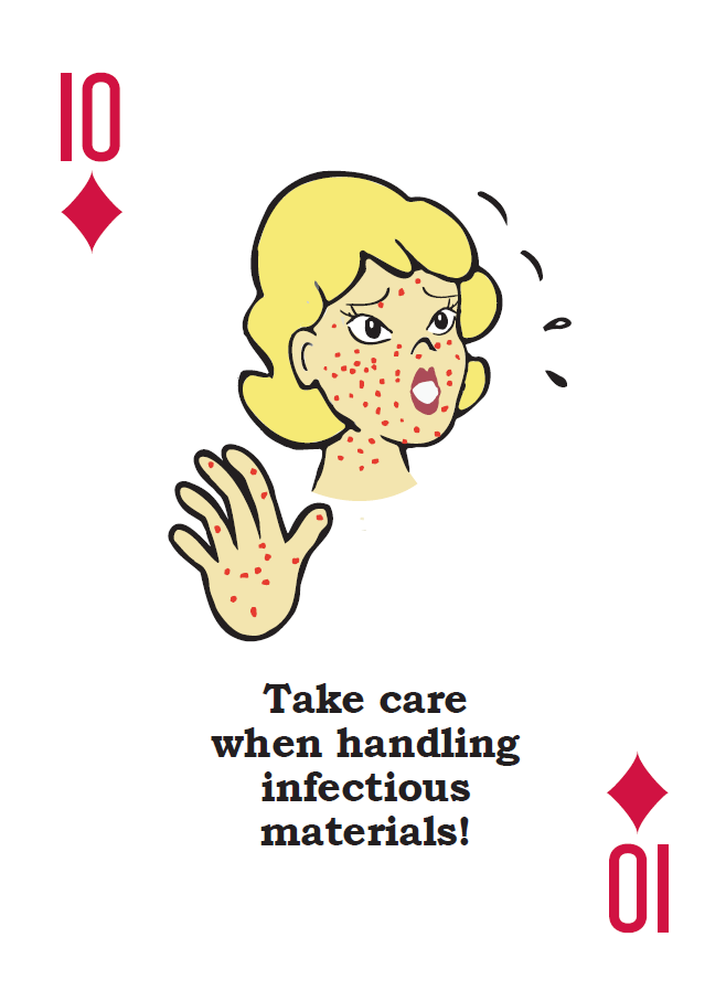 9 of diamonds card with illustration of a woman's face and hand attempting to put a plug in a loaded powerbar. The caption below reads ' do not overload electrical circuits!