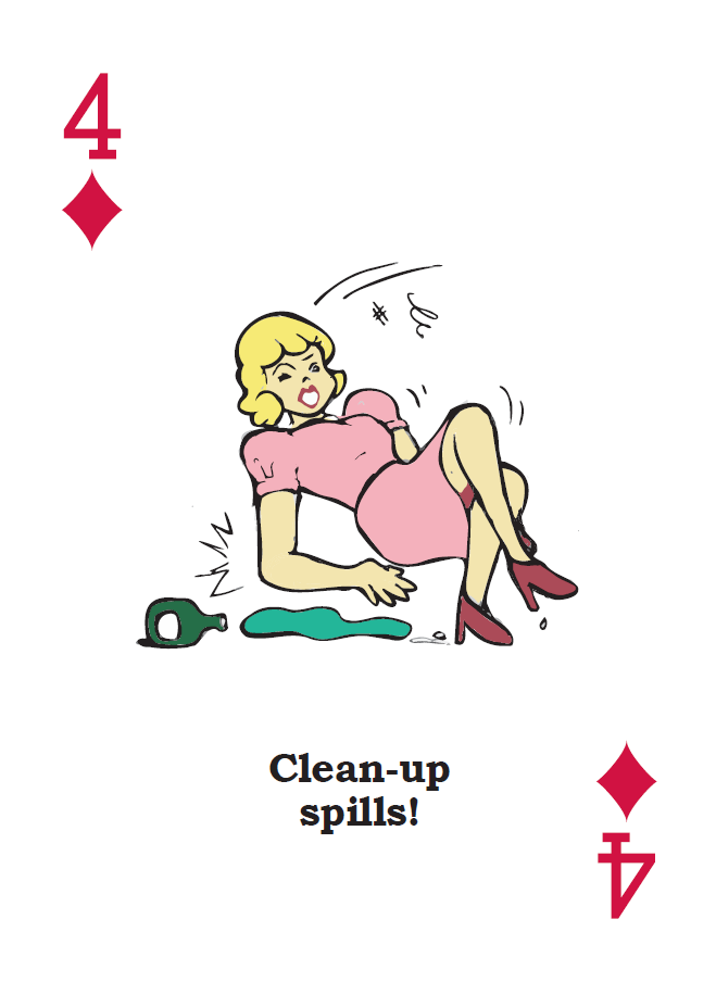 3 of diamonds card with an illustration of a woman's face and hands and she is pouring two different liquid bottles into a tray. THere is vapor rising from the tray and she is making a sick expression. The caption below reads 'take precautions when mixing toxic liquids!