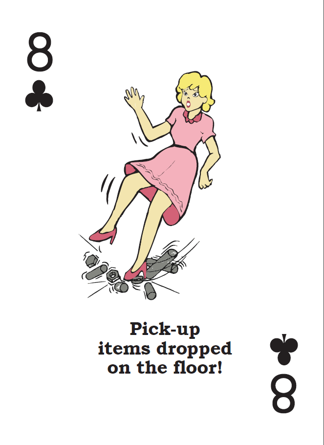 10 of clubs card with illustration of a person's view out the front window from inside a vehicle. There is a silhouette of a person on the road and the driver has one hand on the wheel while the other hand is scrolling through a text conversation. The caption below reads 'Don't text and drive!