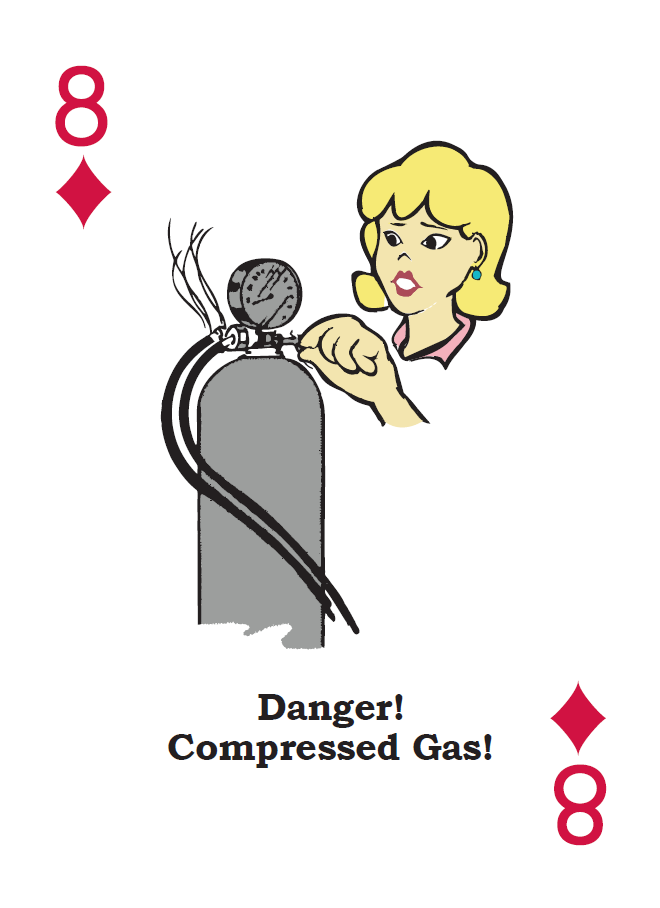7 of diamonds card with an illustration of a woman's face and hands making smug gestures. She has a bandaid on her cheek and bandages on her fingers. THe caption below reads 'What excuse justifies an accident?'