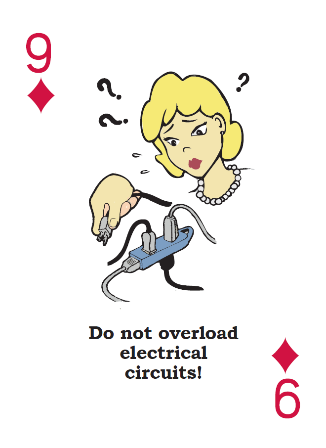 8 of diamonds card with an illustration of a woman operating compressed gas container. The caption below reads 'Danger! Compressed Gas!