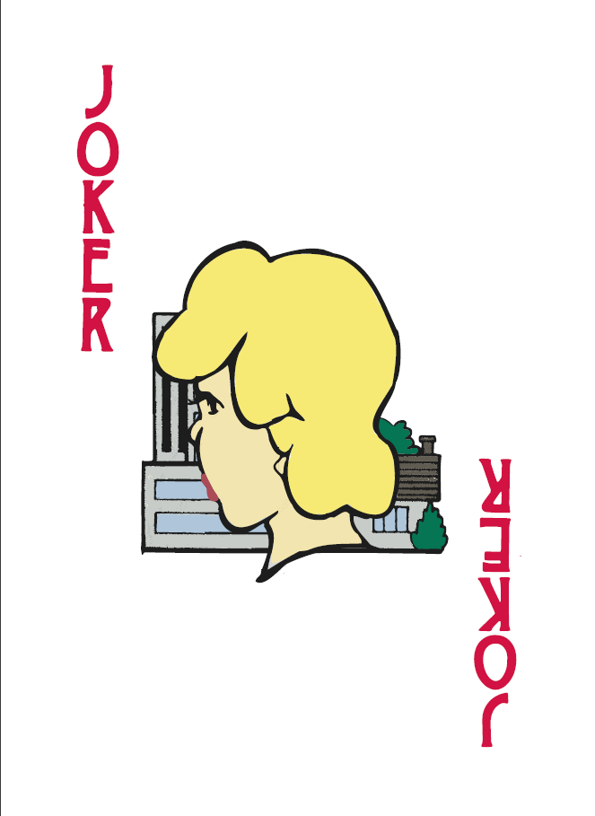 Joker card with the profile shot of a woman's face with blond hair facing the left