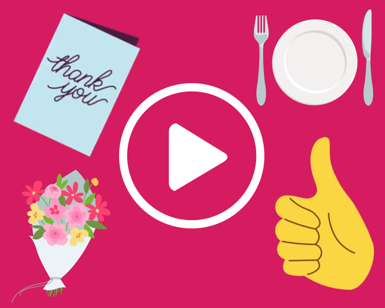 thank you card thumbs up dinnerware and bouquet of flowers around a play button on a rubine red background