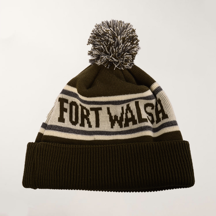 Fort Walsh toque final with muted green, grey and cream stripes and block letters