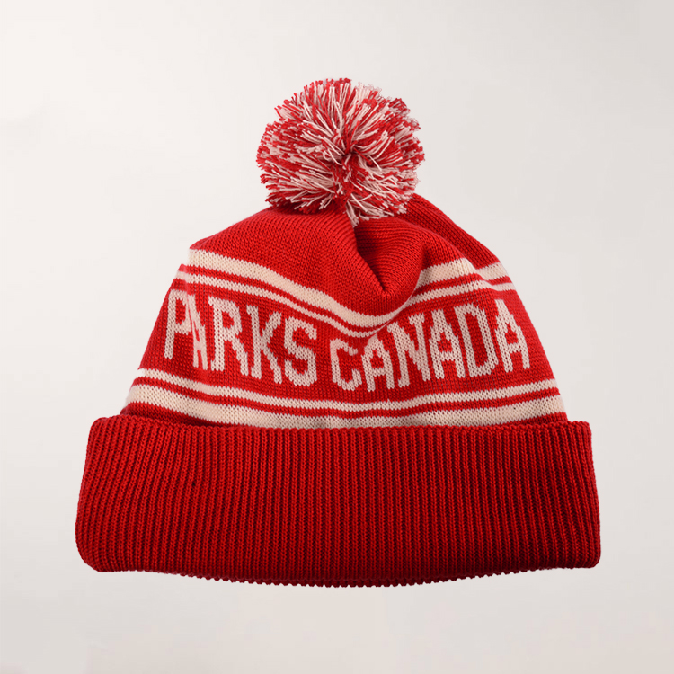Parks Canada toque final with red and white stripes and block letters