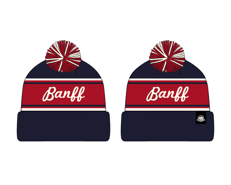 Banff toque version 2 with a cursive type approach but the same navy white and red stripes