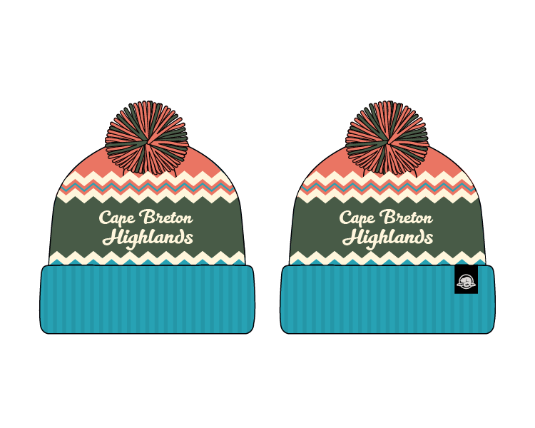 Cape Breton Highlands toque version 1 with salmon, cream, green and teal sections and zig zag patterns