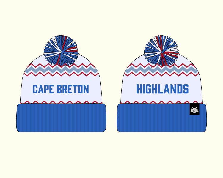 Cape Breton Highlands toque version 2 with blue, cool white and red zigzag patterns