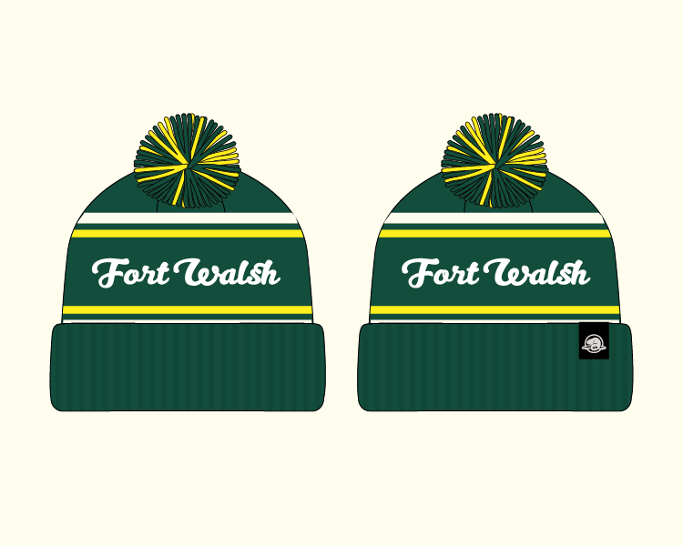 Fort Walsh toque version 1 with green, yellow and white stripes
