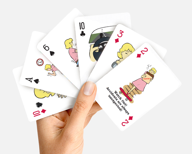 a hand holding a 10 of diamonds, Ace of spades, 6 of spades, 10 of clubs, 3 of diamonds and 2 of diamonds up, each card has a 50s style cartoon of a woman doing certain activities, the image on the 2 of diamonds has her carrying a fragile labeled box down a flight of stairs and there's a skateboard at the foot of the stairs